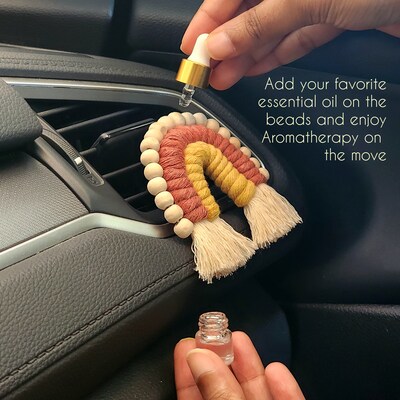 Macrame Rainbow Car Vent Clip with wooden beads for essential oil Diffusion, Car AC vent Accessory, Boho Gifts for Car Decor, Aromatherapy - image5